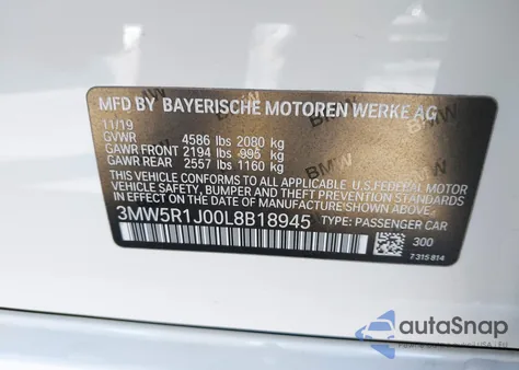 2020 BMW 330I z USA, uszkodzony, nr VIN 3MW5R1J00L8B18945